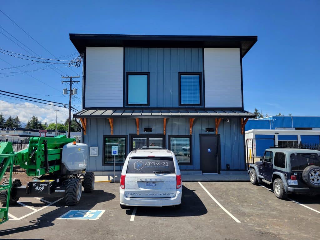 Modern All Access Storage office building with signage in Parksville, BC.