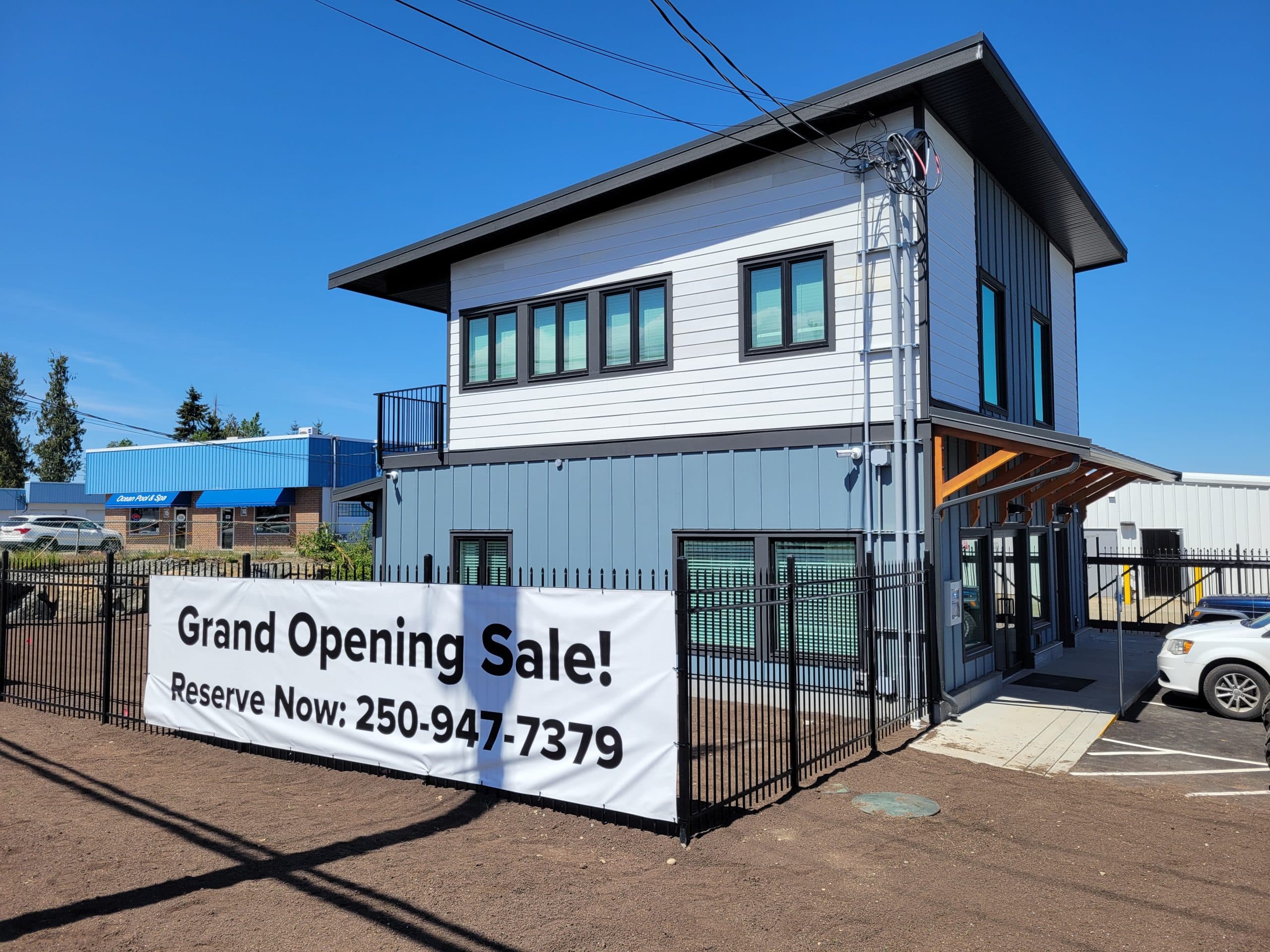 Modern All Access Storage office building with signage in Parksville, BC.