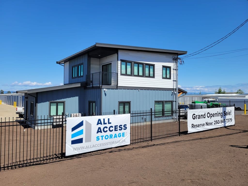 Modern All Access Storage office building with signage in Parksville, BC.