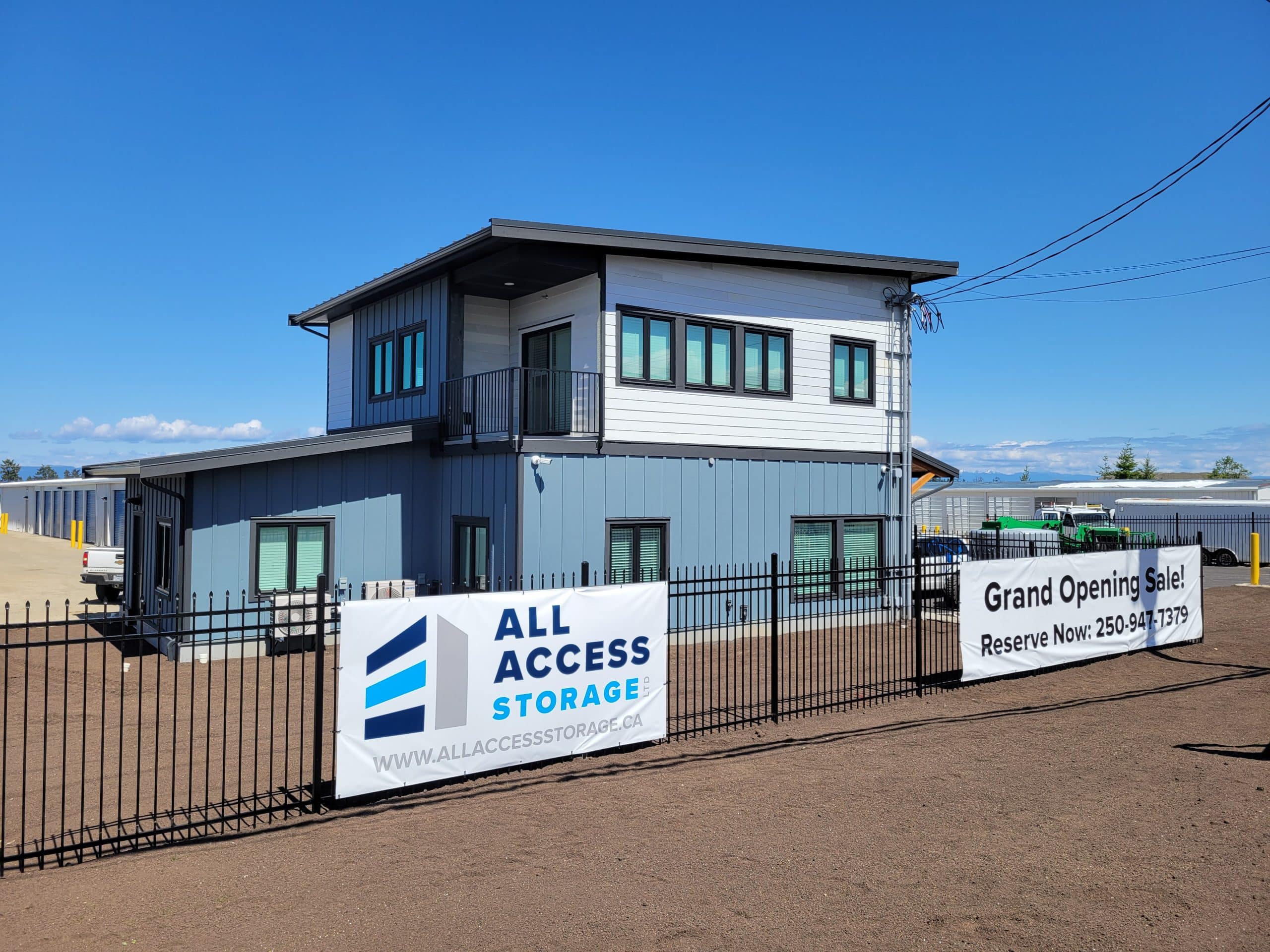 Modern All Access Storage office building with signage in Parksville, BC.